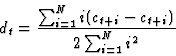 <em>d(t)=  sum i = 1 to N {i.(c(t+i)-c(t-i))}/ sum i=1 to N {2.(I^2)}</em>